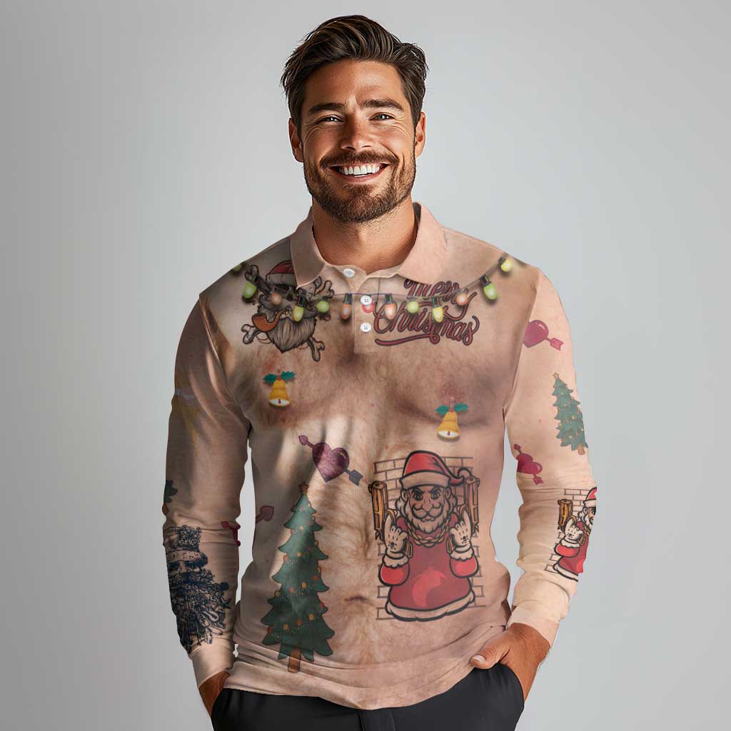 Christmas Costume Long Sleeve Polo Shirt Funny Hairy Body Xmas Tattoo - Wonder Print Shop