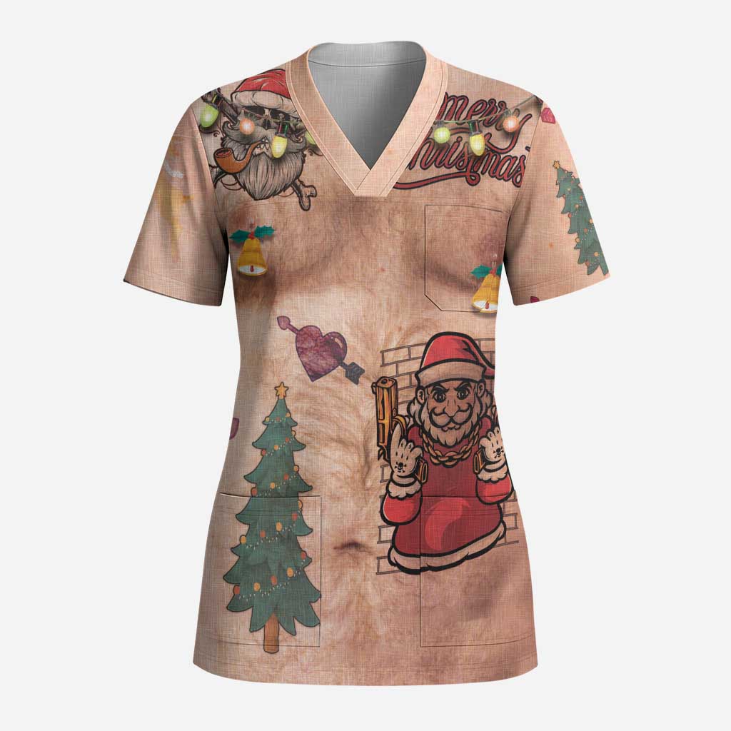 Christmas Costume Scrub Top Funny Hairy Body Xmas Tattoo - Wonder Print Shop