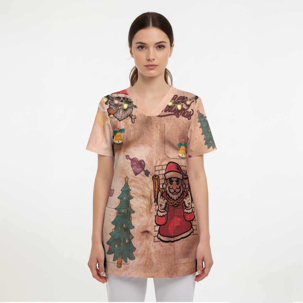 Christmas Costume Scrub Top Funny Hairy Body Xmas Tattoo - Wonder Print Shop