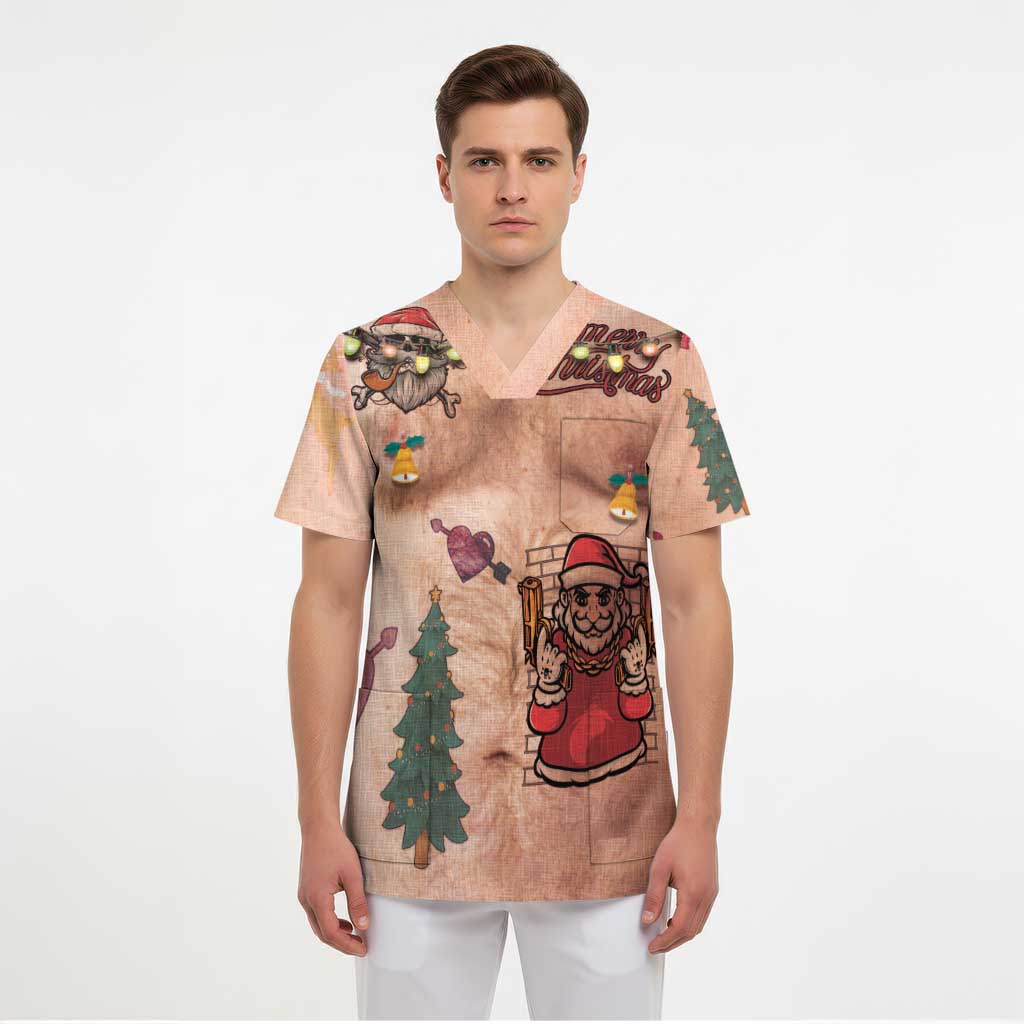Christmas Costume Scrub Top Funny Hairy Body Xmas Tattoo - Wonder Print Shop