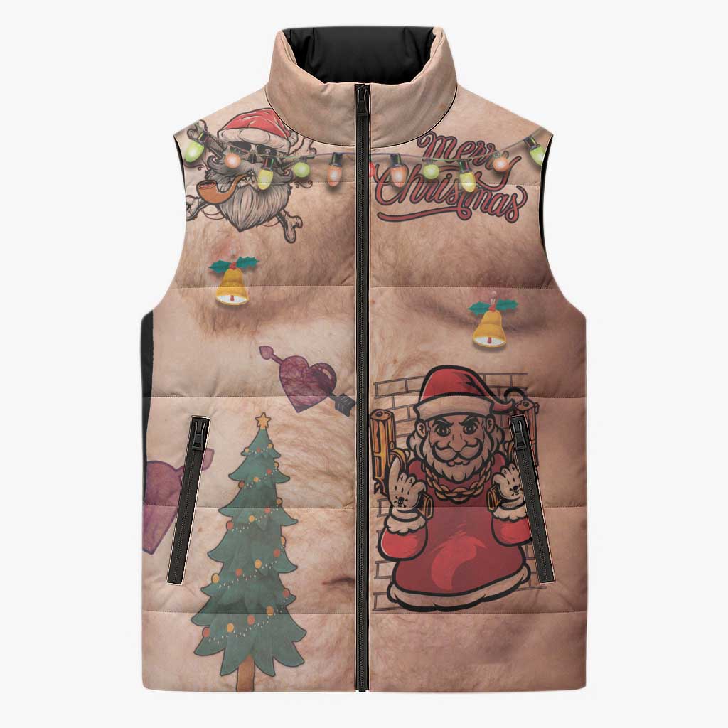 Christmas Costume Sleeveless Puffer Jacket Funny Hairy Body Xmas Tattoo - Wonder Print Shop