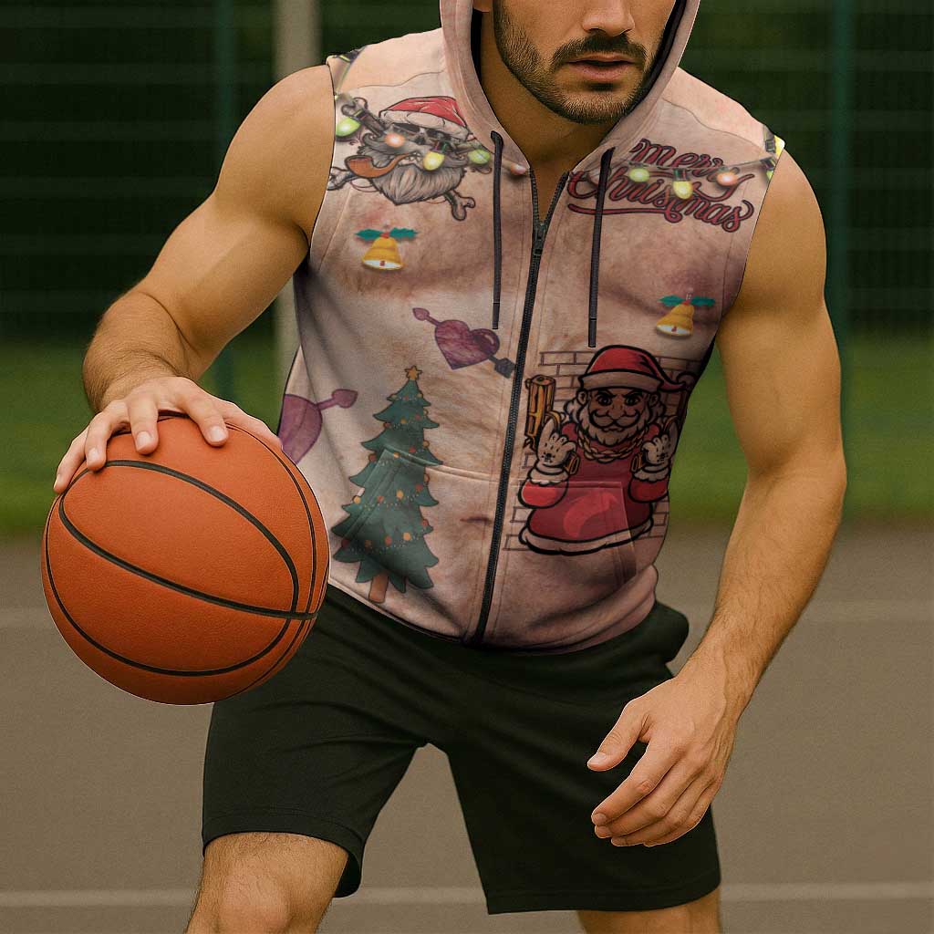Christmas Costume Sleeveless Zip Hoodie Funny Hairy Body Xmas Tattoo - Wonder Print Shop