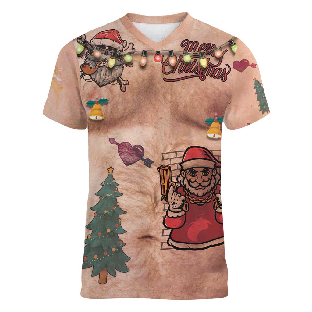 Christmas Costume Women V-Neck T-Shirt Funny Hairy Body Xmas Tattoo - Wonder Print Shop