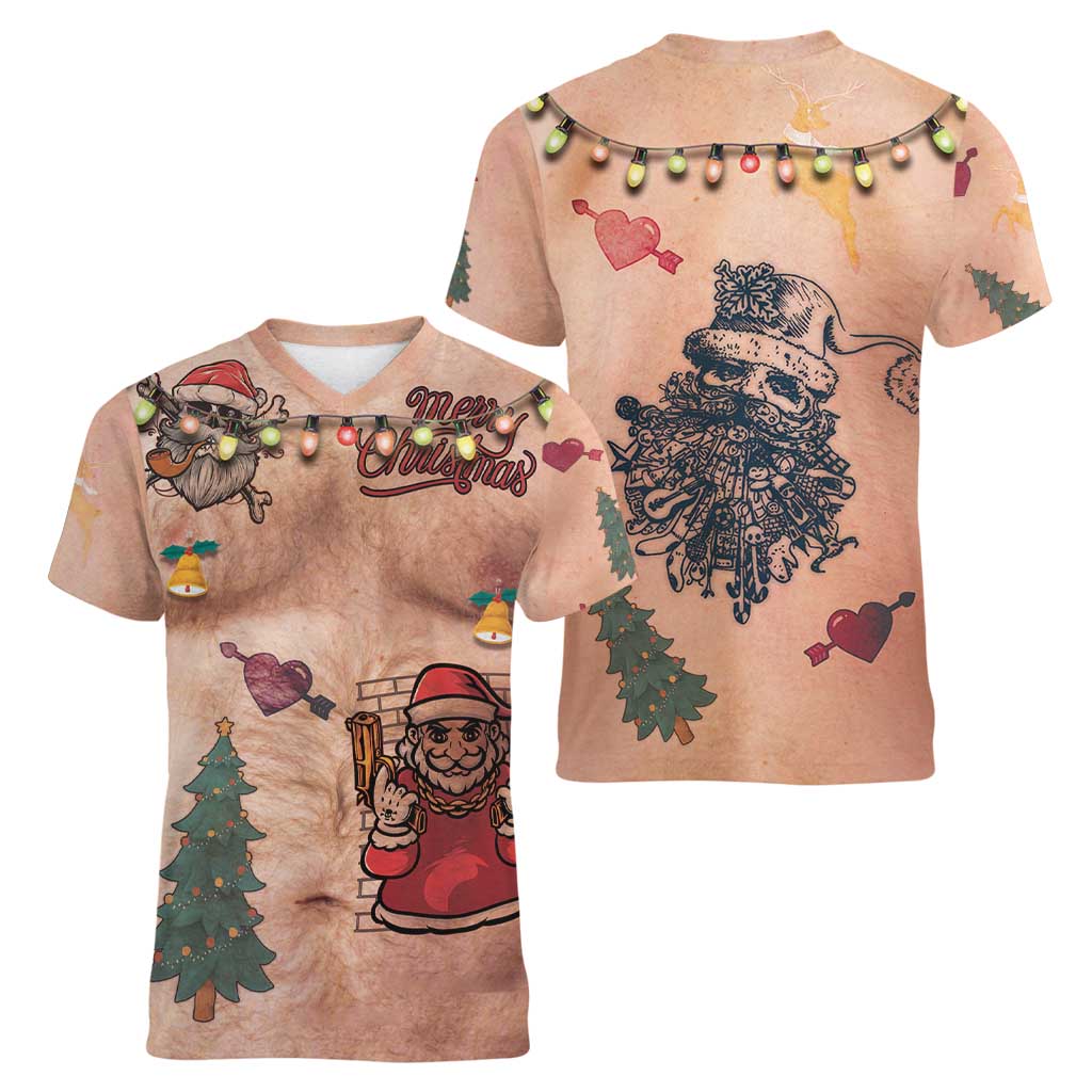 Christmas Costume Women V-Neck T-Shirt Funny Hairy Body Xmas Tattoo - Wonder Print Shop
