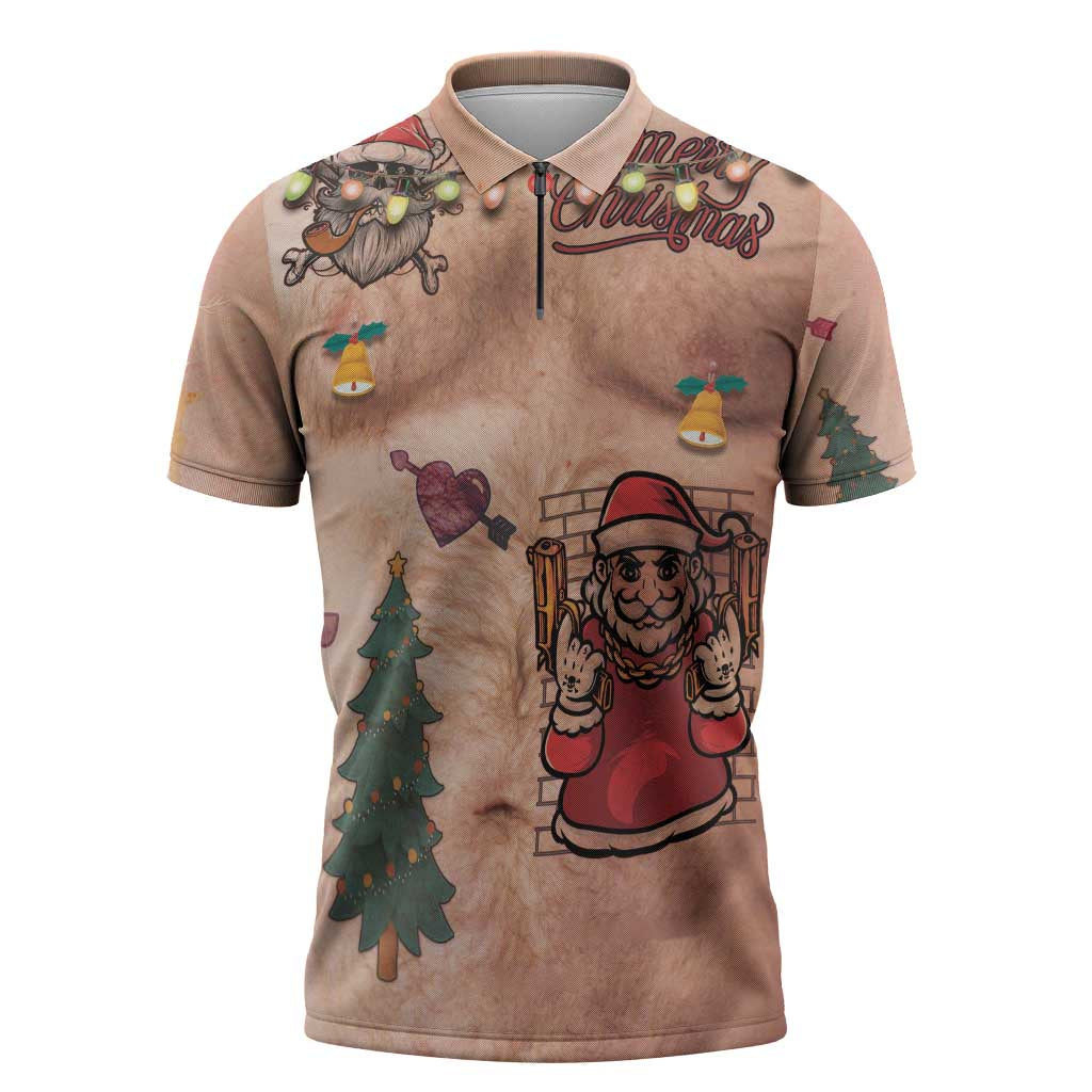 Christmas Costume Zipper Polo Shirt Funny Hairy Body Xmas Tattoo - Wonder Print Shop