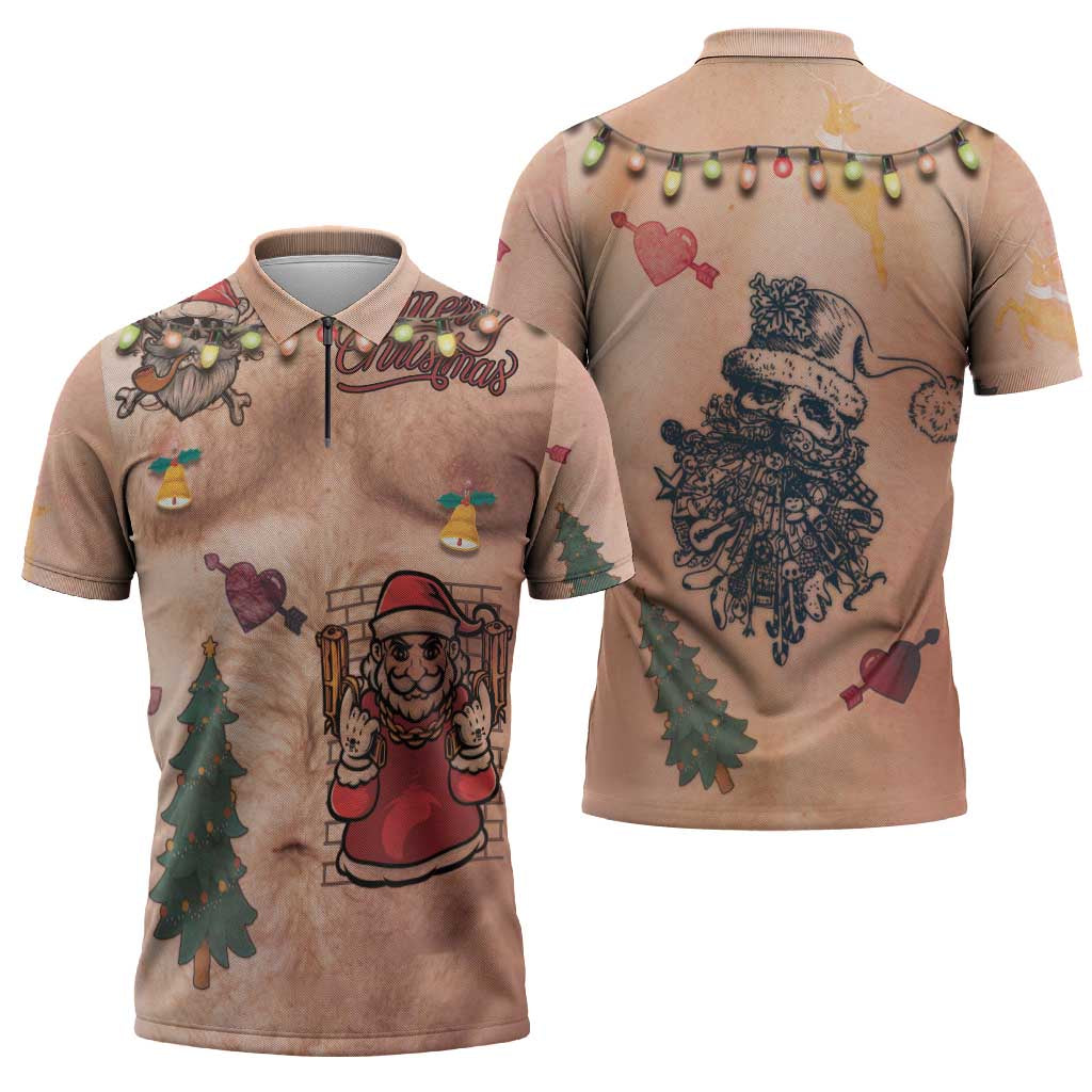 Christmas Costume Zipper Polo Shirt Funny Hairy Body Xmas Tattoo - Wonder Print Shop