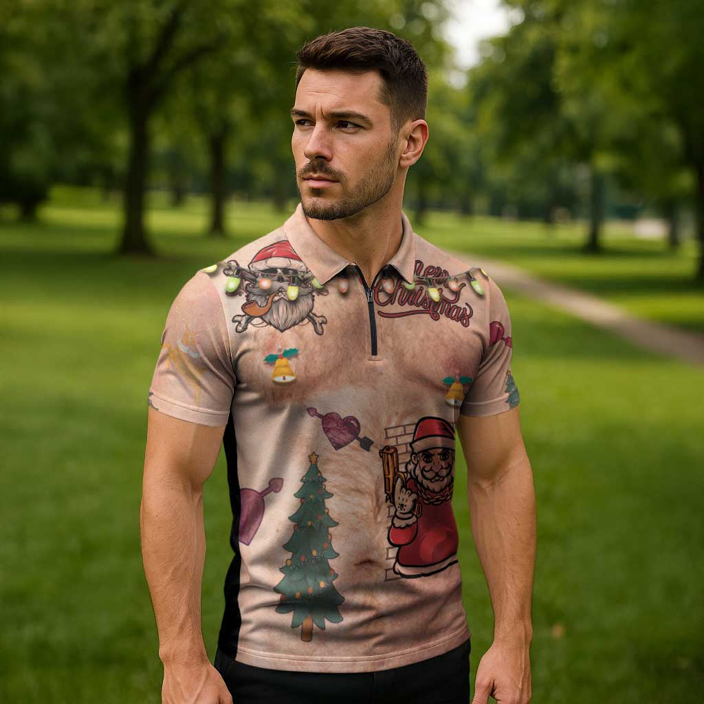 Christmas Costume Zipper Polo Shirt Funny Hairy Body Xmas Tattoo - Wonder Print Shop