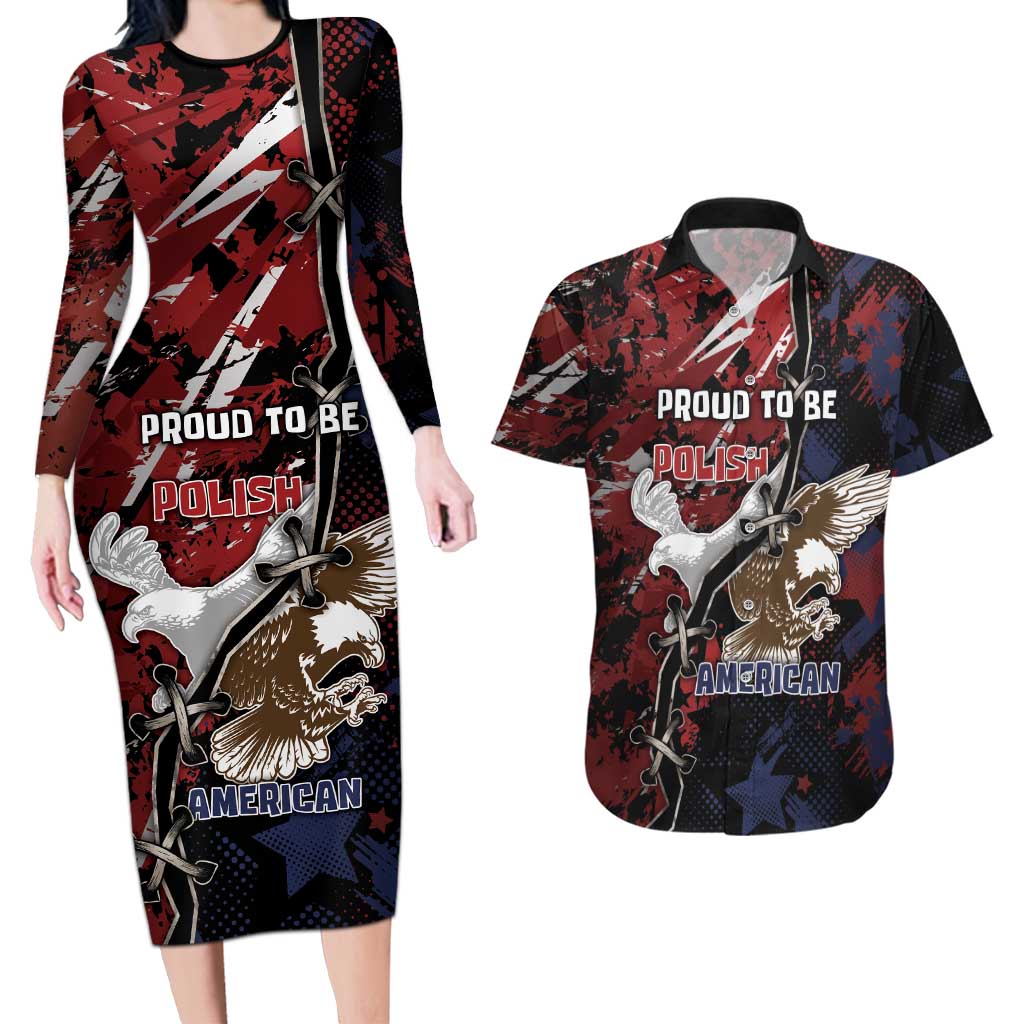 Personalized Polish American Heritage Month Couples Matching Long Sleeve Bodycon Dress and Hawaiian Shirt Eagle With Grunge Style - Wonder Print Shop