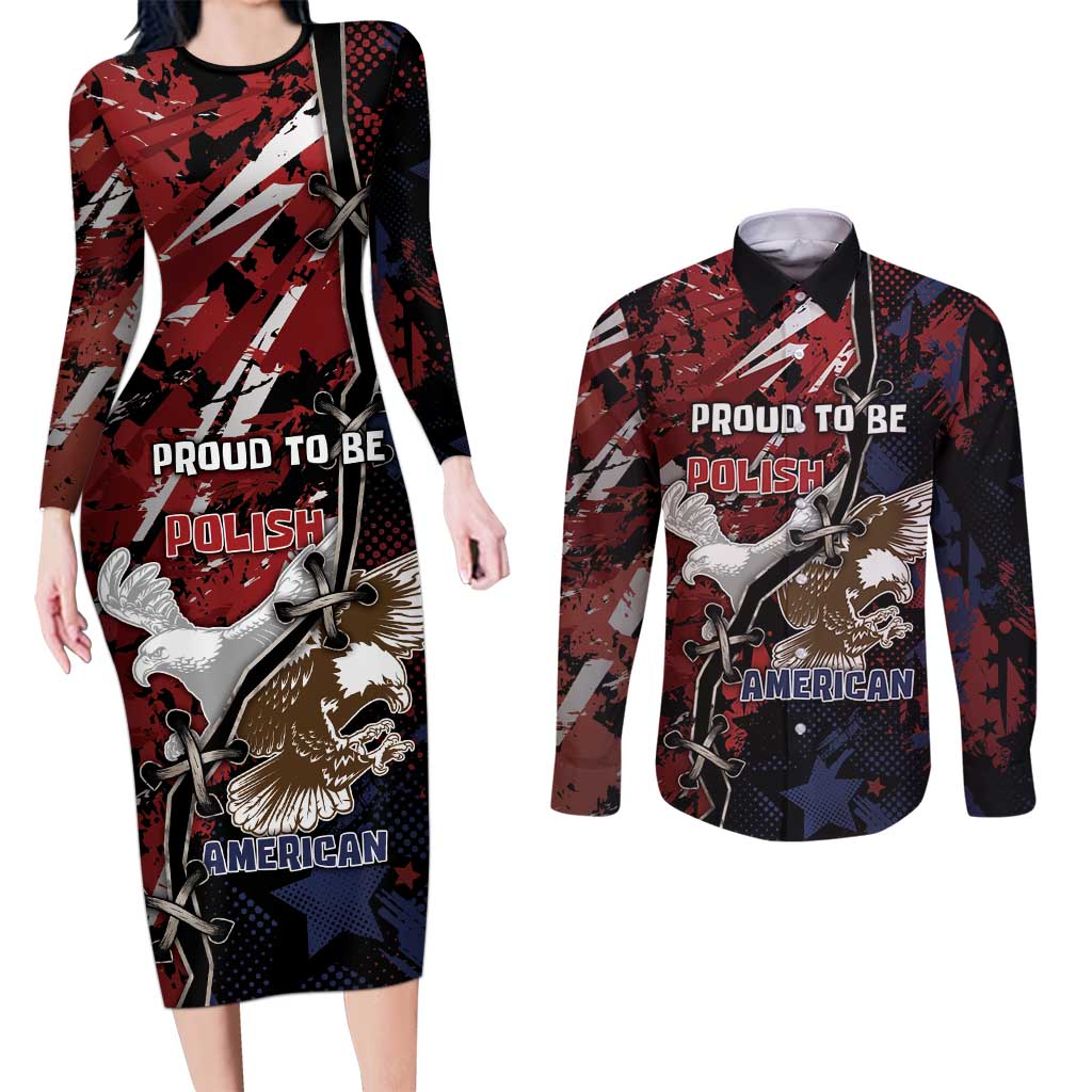 Personalized Polish American Heritage Month Couples Matching Long Sleeve Bodycon Dress and Long Sleeve Button Shirt Eagle With Grunge Style - Wonder Print Shop