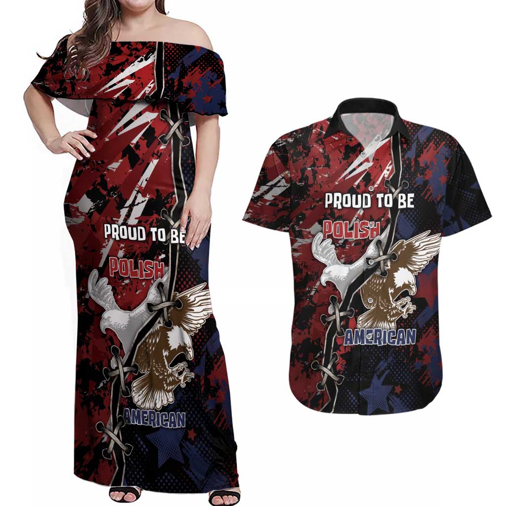 Personalized Polish American Heritage Month Couples Matching Off Shoulder Maxi Dress and Hawaiian Shirt Eagle With Grunge Style - Wonder Print Shop