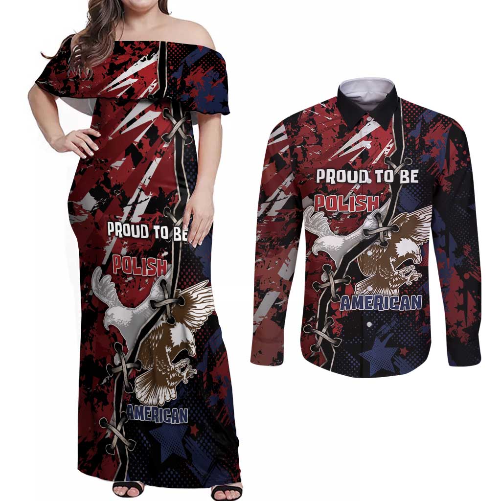 Personalized Polish American Heritage Month Couples Matching Off Shoulder Maxi Dress and Long Sleeve Button Shirt Eagle With Grunge Style - Wonder Print Shop