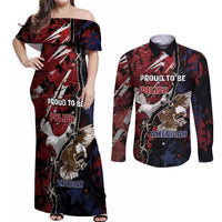 Personalized Polish American Heritage Month Couples Matching Off Shoulder Maxi Dress and Long Sleeve Button Shirt Eagle With Grunge Style - Wonder Print Shop