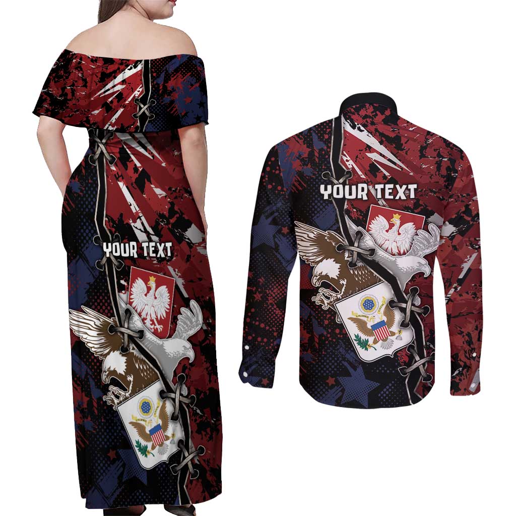 Personalized Polish American Heritage Month Couples Matching Off Shoulder Maxi Dress and Long Sleeve Button Shirt Eagle With Grunge Style - Wonder Print Shop