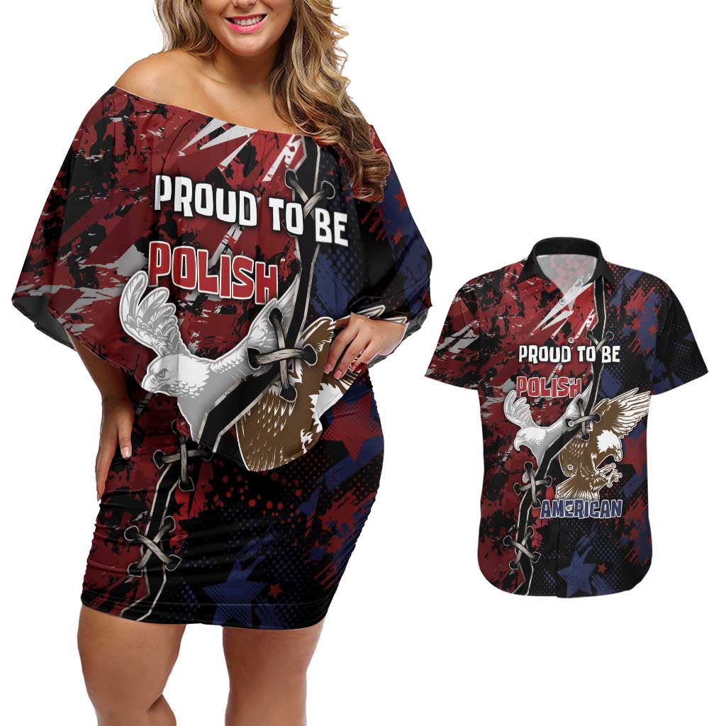 Personalized Polish American Heritage Month Couples Matching Off Shoulder Short Dress and Hawaiian Shirt Eagle With Grunge Style - Wonder Print Shop
