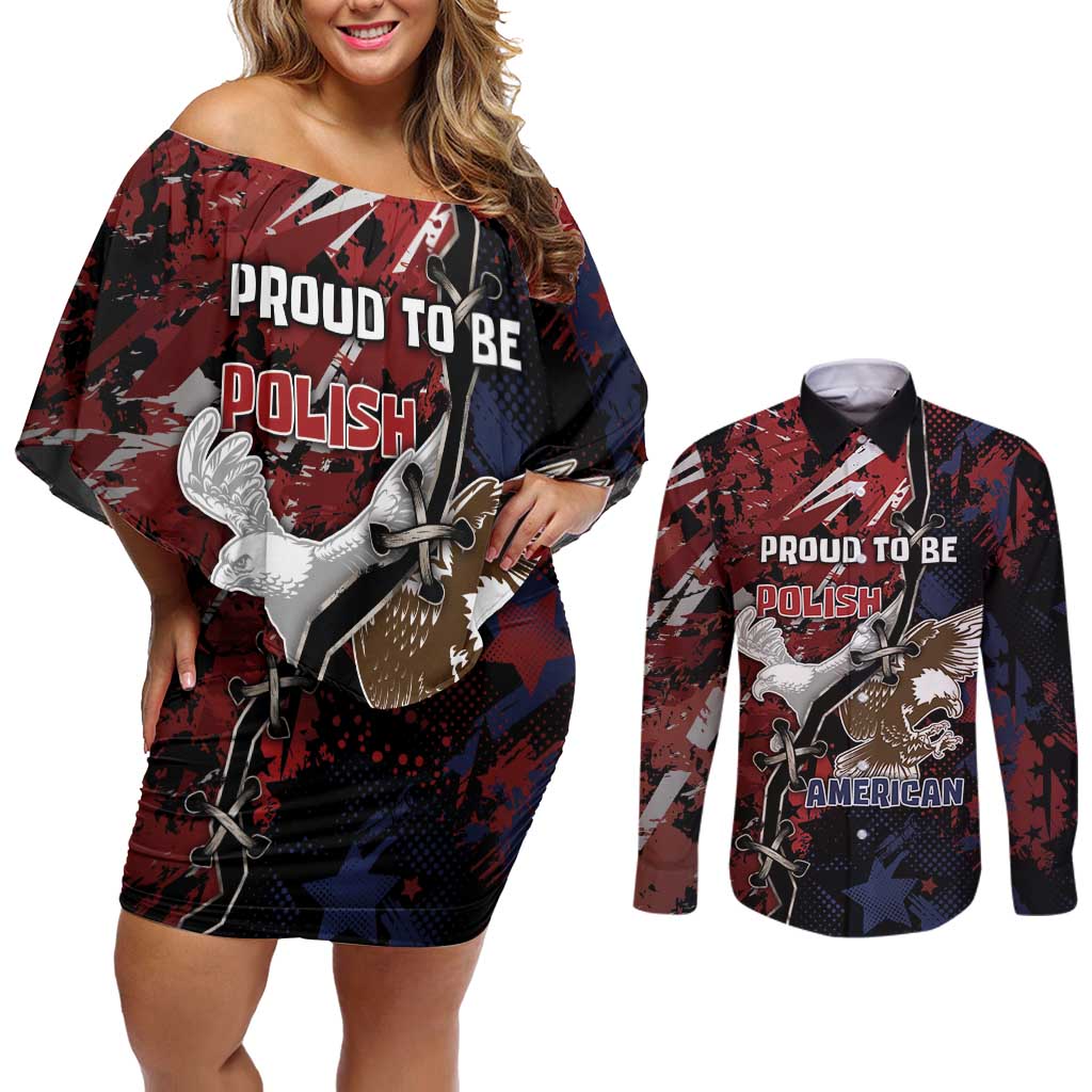 Personalized Polish American Heritage Month Couples Matching Off Shoulder Short Dress and Long Sleeve Button Shirt Eagle With Grunge Style - Wonder Print Shop