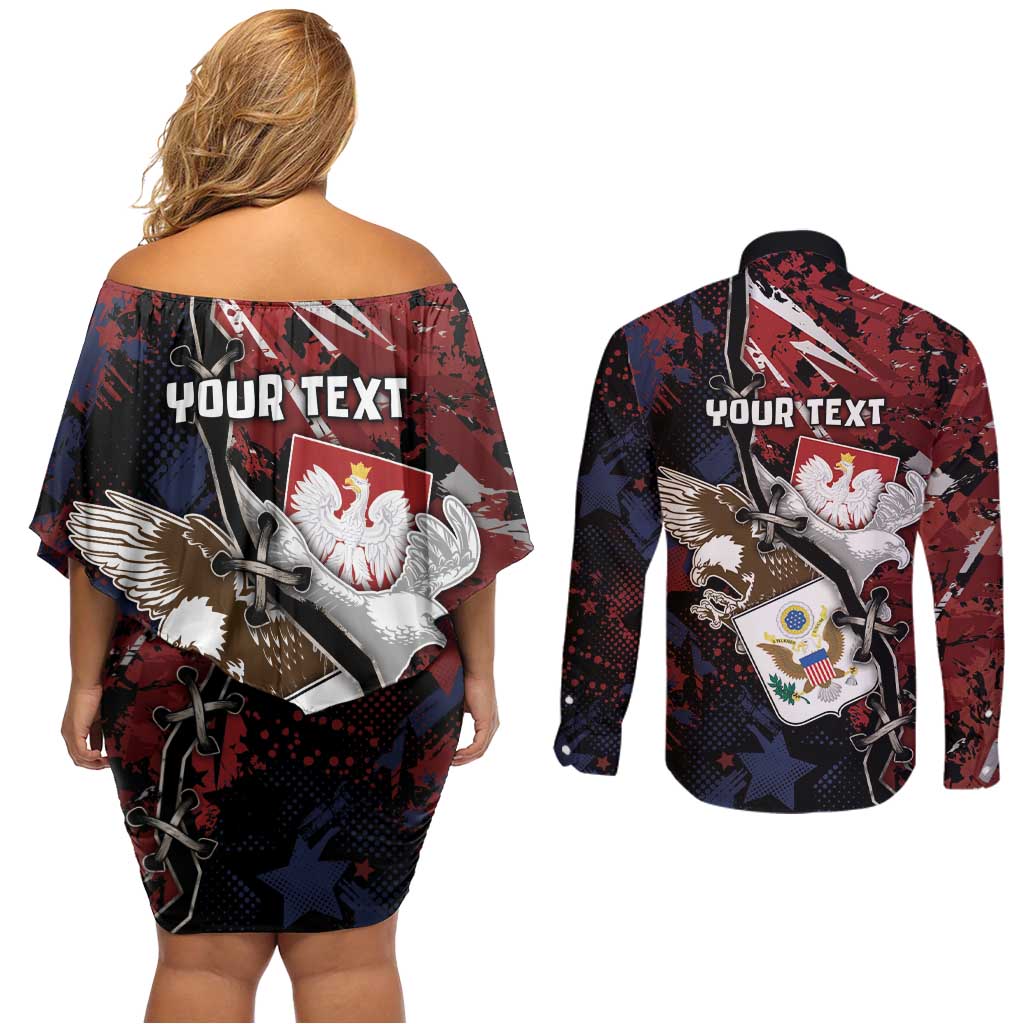 Personalized Polish American Heritage Month Couples Matching Off Shoulder Short Dress and Long Sleeve Button Shirt Eagle With Grunge Style - Wonder Print Shop