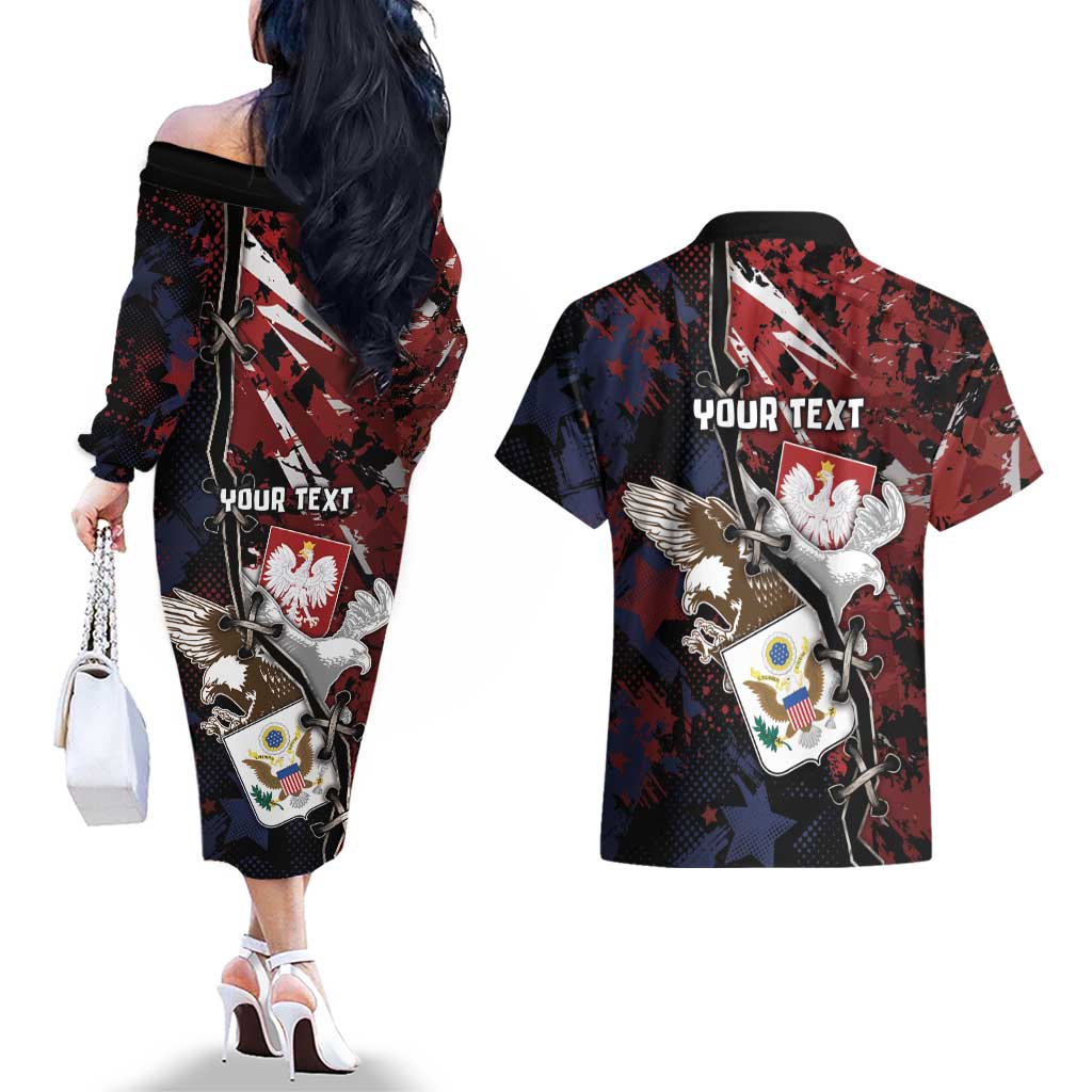Personalized Polish American Heritage Month Couples Matching Off The Shoulder Long Sleeve Dress and Hawaiian Shirt Eagle With Grunge Style - Wonder Print Shop