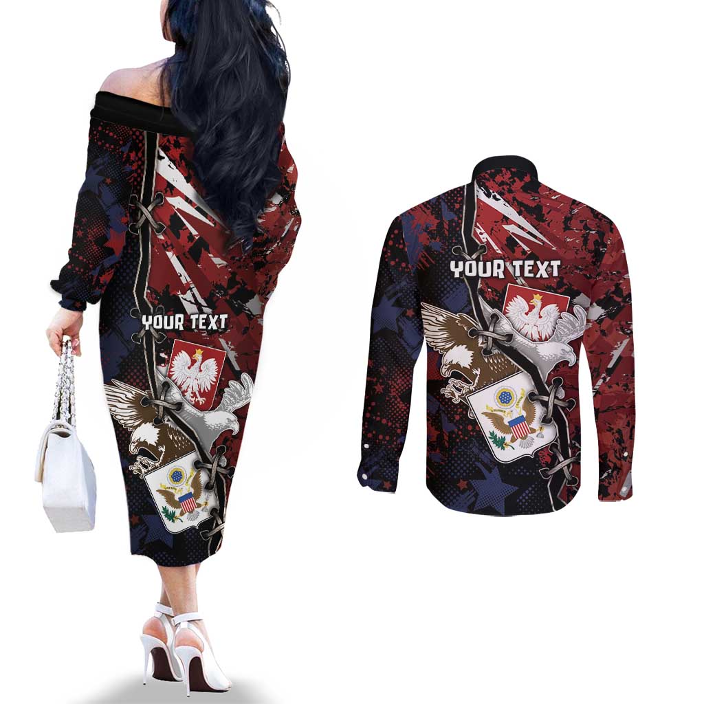 Personalized Polish American Heritage Month Couples Matching Off The Shoulder Long Sleeve Dress and Long Sleeve Button Shirt Eagle With Grunge Style - Wonder Print Shop