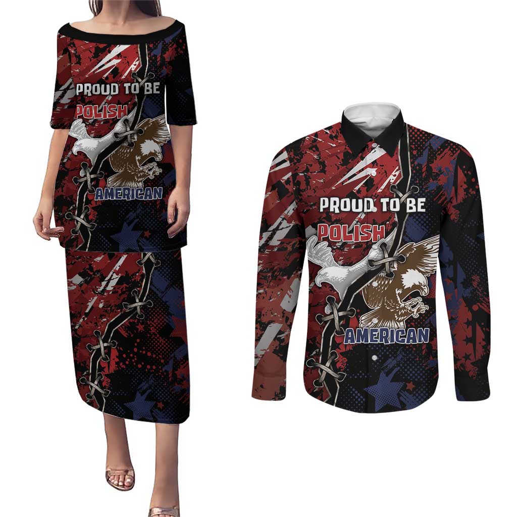 Personalized Polish American Heritage Month Couples Matching Puletasi and Long Sleeve Button Shirt Eagle With Grunge Style - Wonder Print Shop