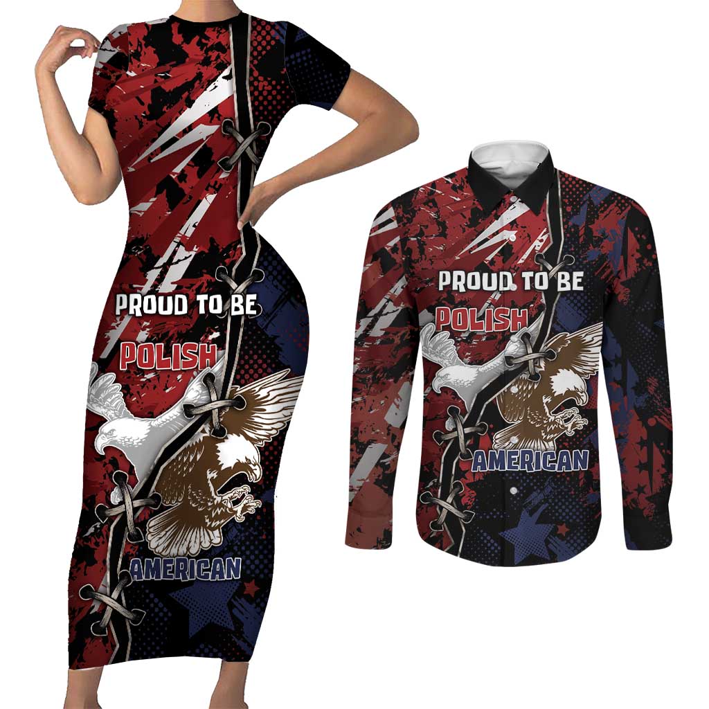 Personalized Polish American Heritage Month Couples Matching Short Sleeve Bodycon Dress and Long Sleeve Button Shirt Eagle With Grunge Style - Wonder Print Shop