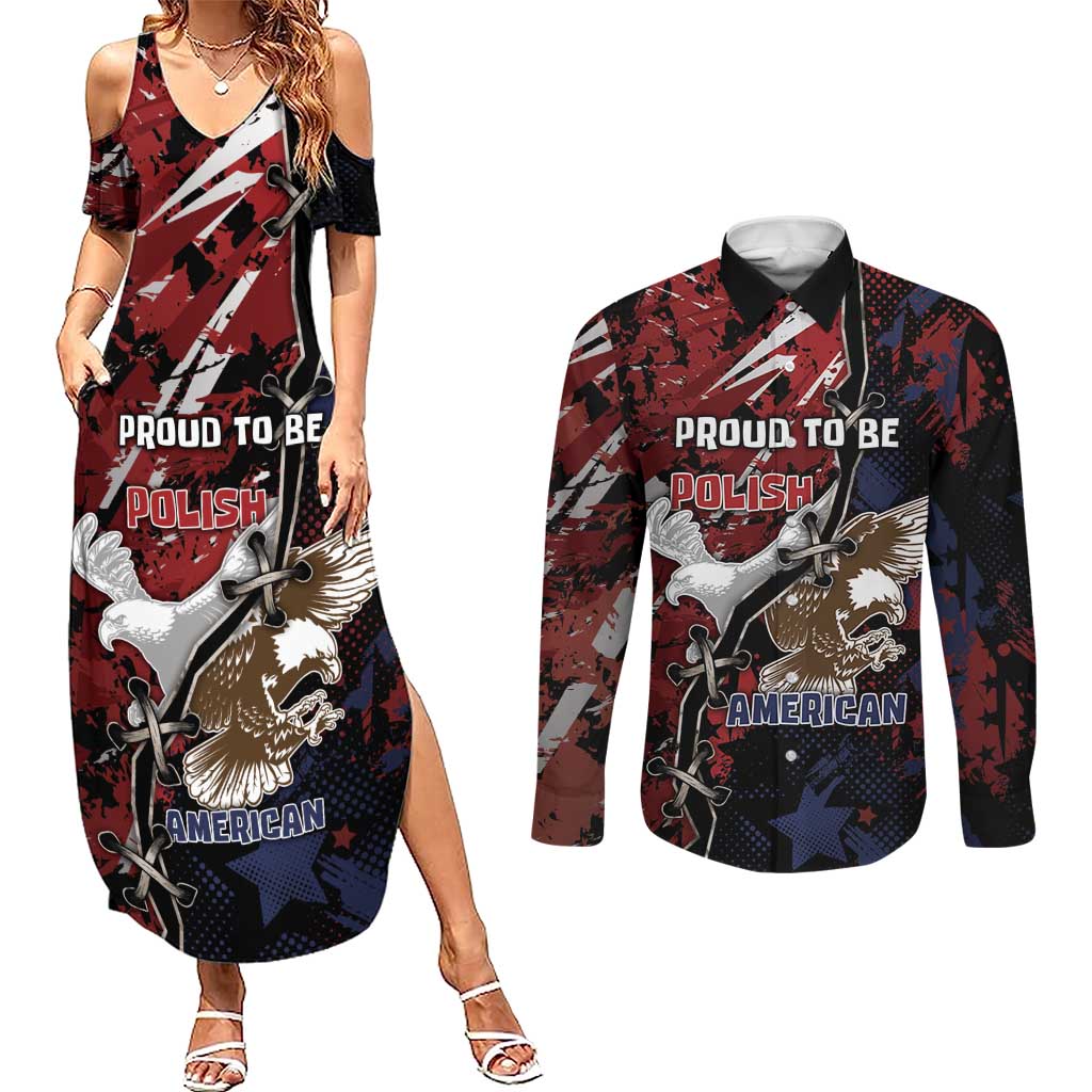 Personalized Polish American Heritage Month Couples Matching Summer Maxi Dress and Long Sleeve Button Shirt Eagle With Grunge Style - Wonder Print Shop