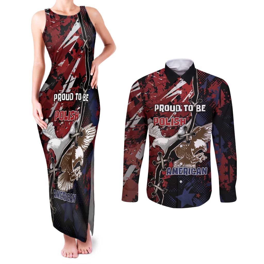 Personalized Polish American Heritage Month Couples Matching Tank Maxi Dress and Long Sleeve Button Shirt Eagle With Grunge Style - Wonder Print Shop