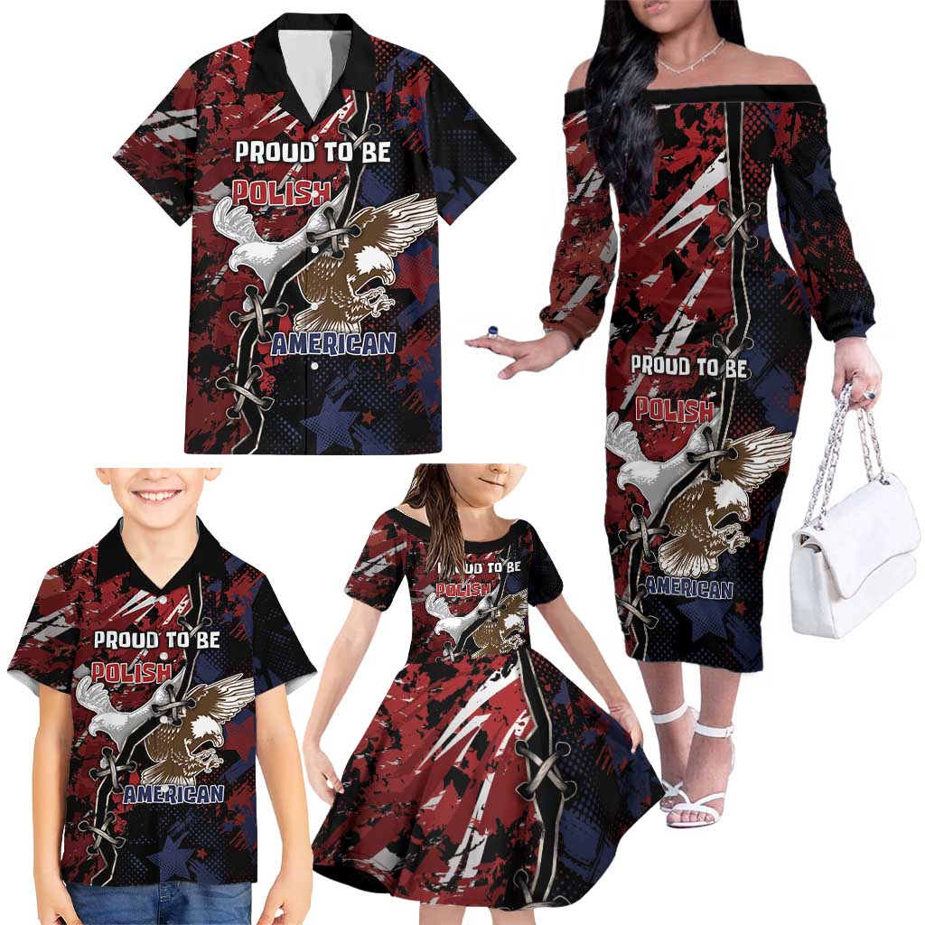 Personalized Polish American Heritage Month Family Matching Off The Shoulder Long Sleeve Dress and Hawaiian Shirt Eagle With Grunge Style - Wonder Print Shop