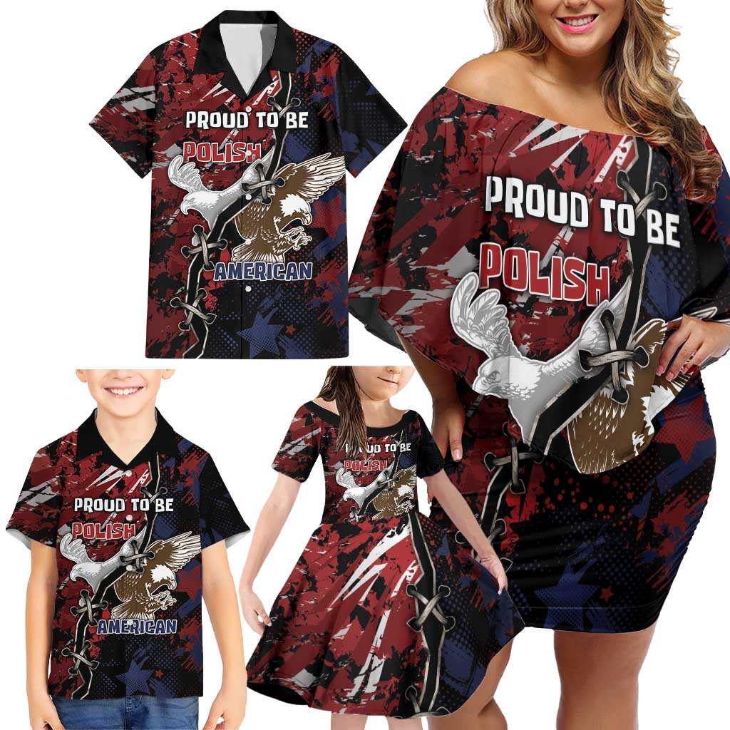 Personalized Polish American Heritage Month Family Matching Off Shoulder Short Dress and Hawaiian Shirt Eagle With Grunge Style - Wonder Print Shop