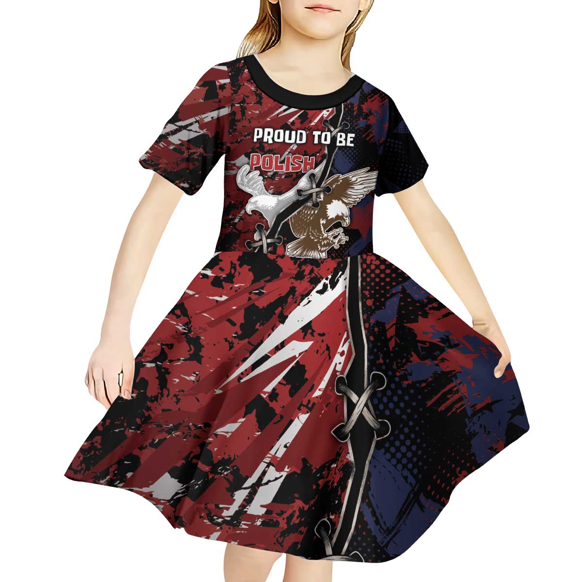 Personalized Polish American Heritage Month Kid Short Sleeve Dress Eagle With Grunge Style - Wonder Print Shop