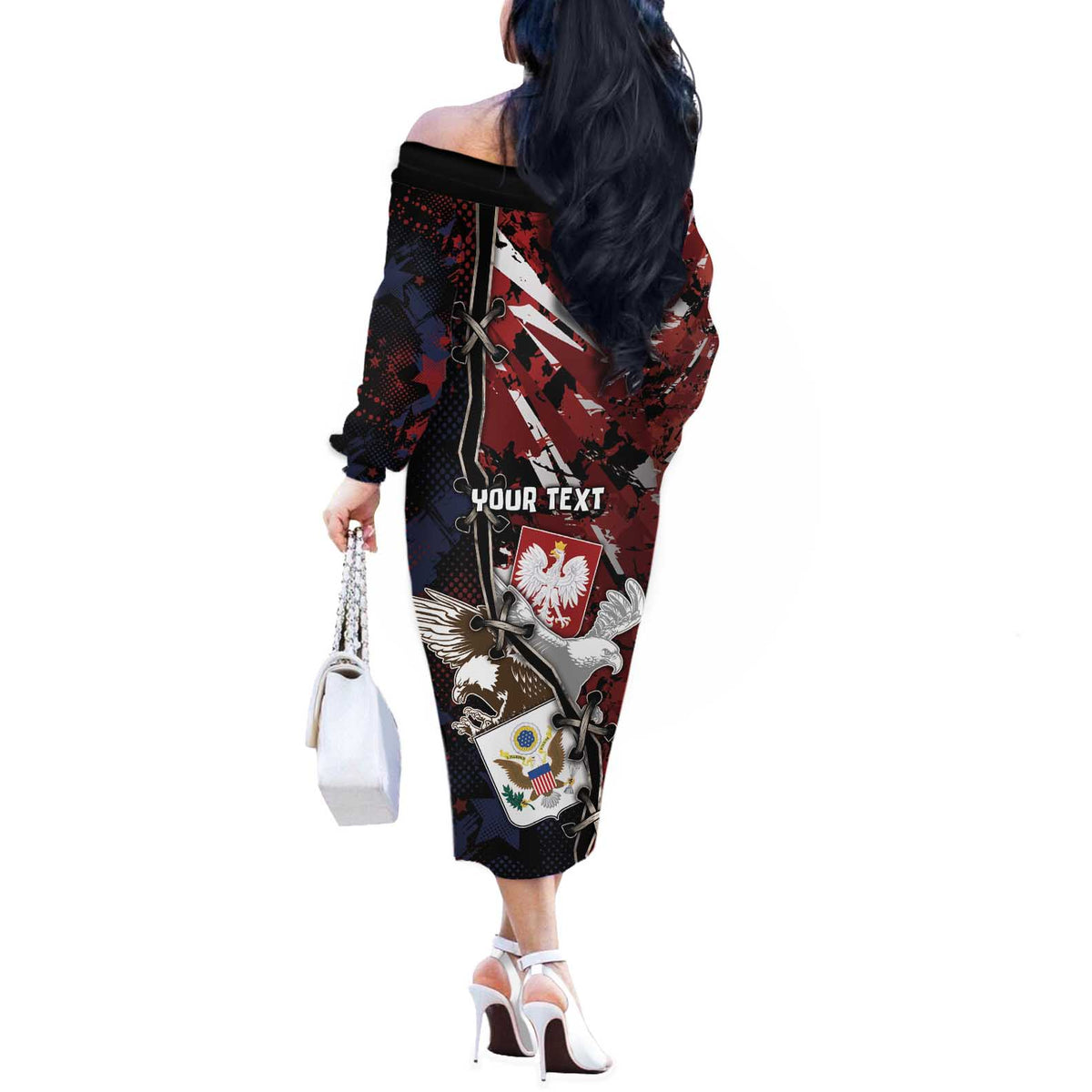 Personalized Polish American Heritage Month Off The Shoulder Long Sleeve Dress Eagle With Grunge Style - Wonder Print Shop