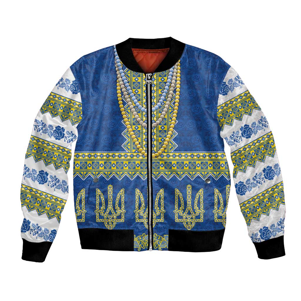 Ukraine Vyshyvanka Motif Bomber Jacket Ukrainian Coat Of Arms Rose Patterns - Wonder Print Shop