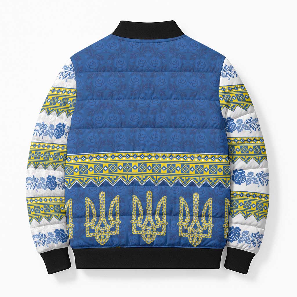 Ukraine Vyshyvanka Motif Bomber Puffer Jacket Ukrainian Coat Of Arms Rose Patterns - Wonder Print Shop