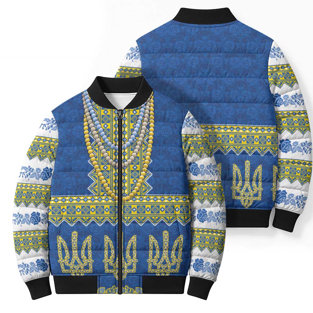 Ukraine Vyshyvanka Motif Bomber Puffer Jacket Ukrainian Coat Of Arms Rose Patterns - Wonder Print Shop