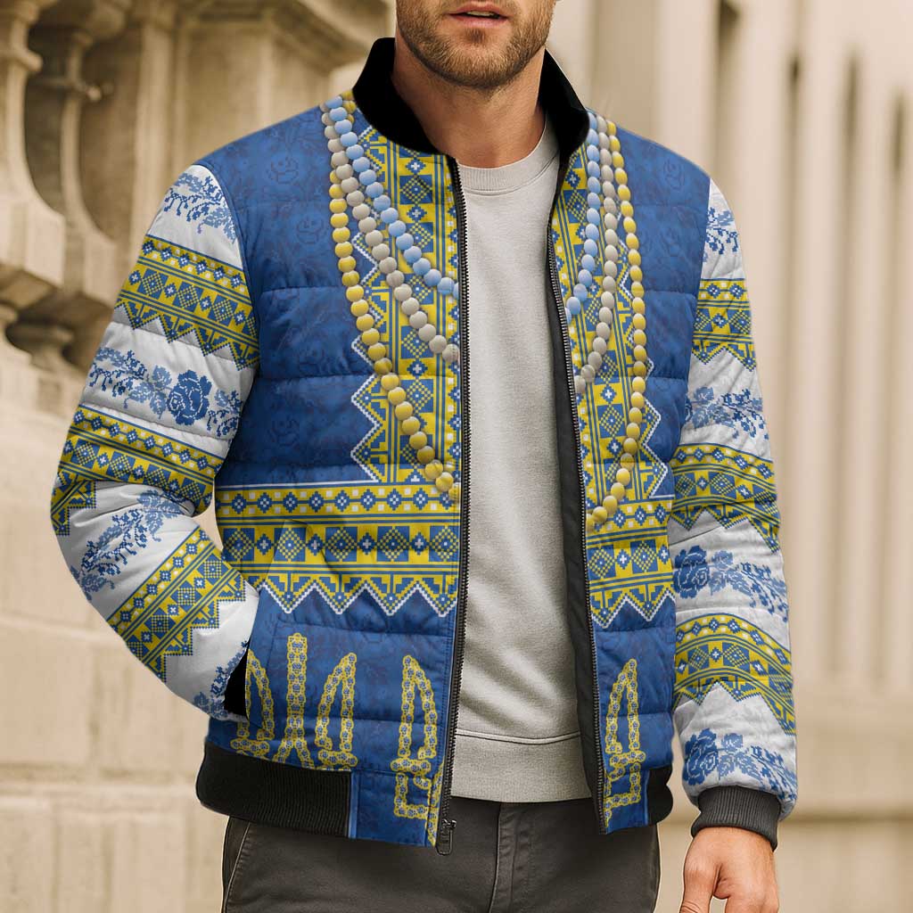 Ukraine Vyshyvanka Motif Bomber Puffer Jacket Ukrainian Coat Of Arms Rose Patterns - Wonder Print Shop