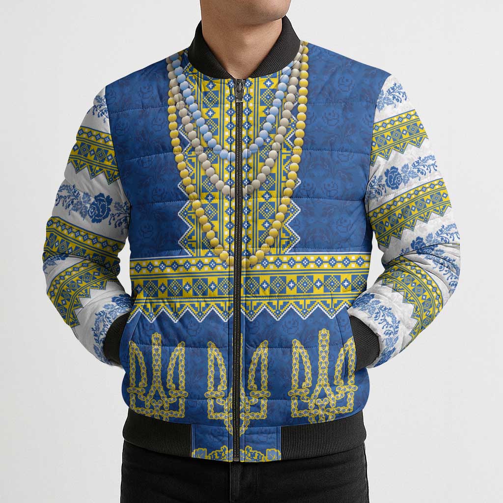Ukraine Vyshyvanka Motif Bomber Puffer Jacket Ukrainian Coat Of Arms Rose Patterns - Wonder Print Shop