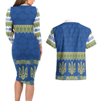 Ukraine Vyshyvanka Motif Couples Matching Long Sleeve Bodycon Dress and Hawaiian Shirt Ukrainian Coat Of Arms Rose Patterns - Wonder Print Shop