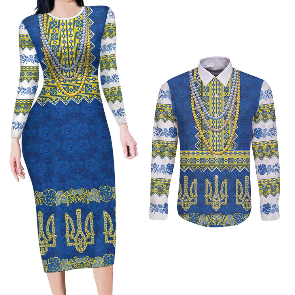 Ukraine Vyshyvanka Motif Couples Matching Long Sleeve Bodycon Dress and Long Sleeve Button Shirt Ukrainian Coat Of Arms Rose Patterns - Wonder Print Shop