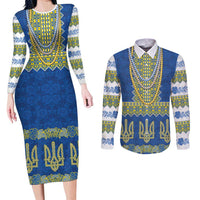 Ukraine Vyshyvanka Motif Couples Matching Long Sleeve Bodycon Dress and Long Sleeve Button Shirt Ukrainian Coat Of Arms Rose Patterns - Wonder Print Shop
