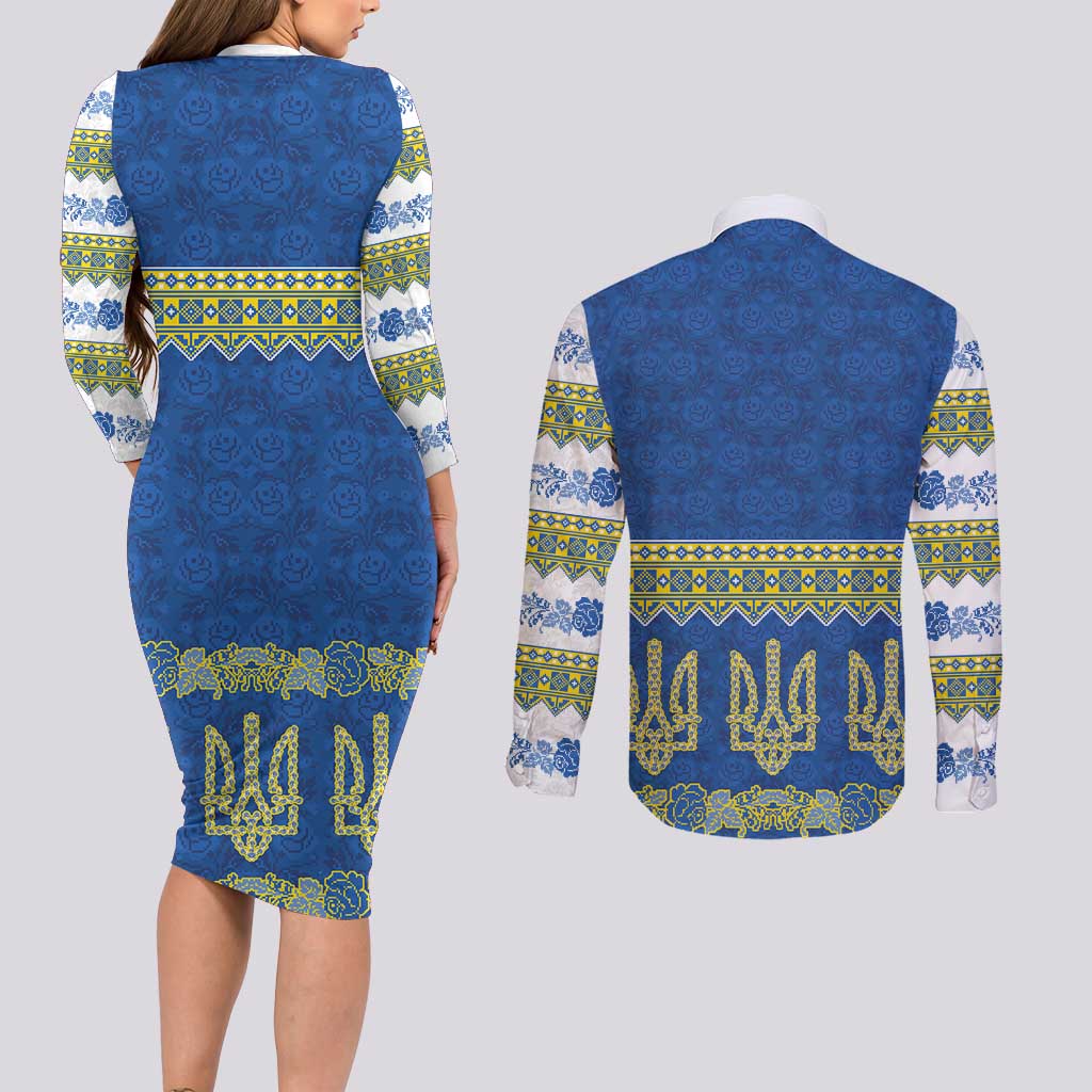 Ukraine Vyshyvanka Motif Couples Matching Long Sleeve Bodycon Dress and Long Sleeve Button Shirt Ukrainian Coat Of Arms Rose Patterns - Wonder Print Shop