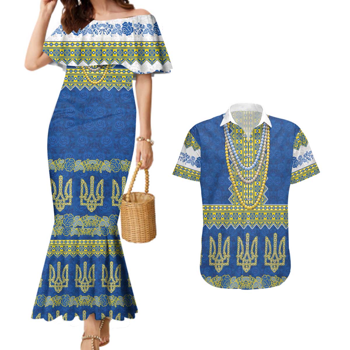 Ukraine Vyshyvanka Motif Couples Matching Mermaid Dress and Hawaiian Shirt Ukrainian Coat Of Arms Rose Patterns - Wonder Print Shop