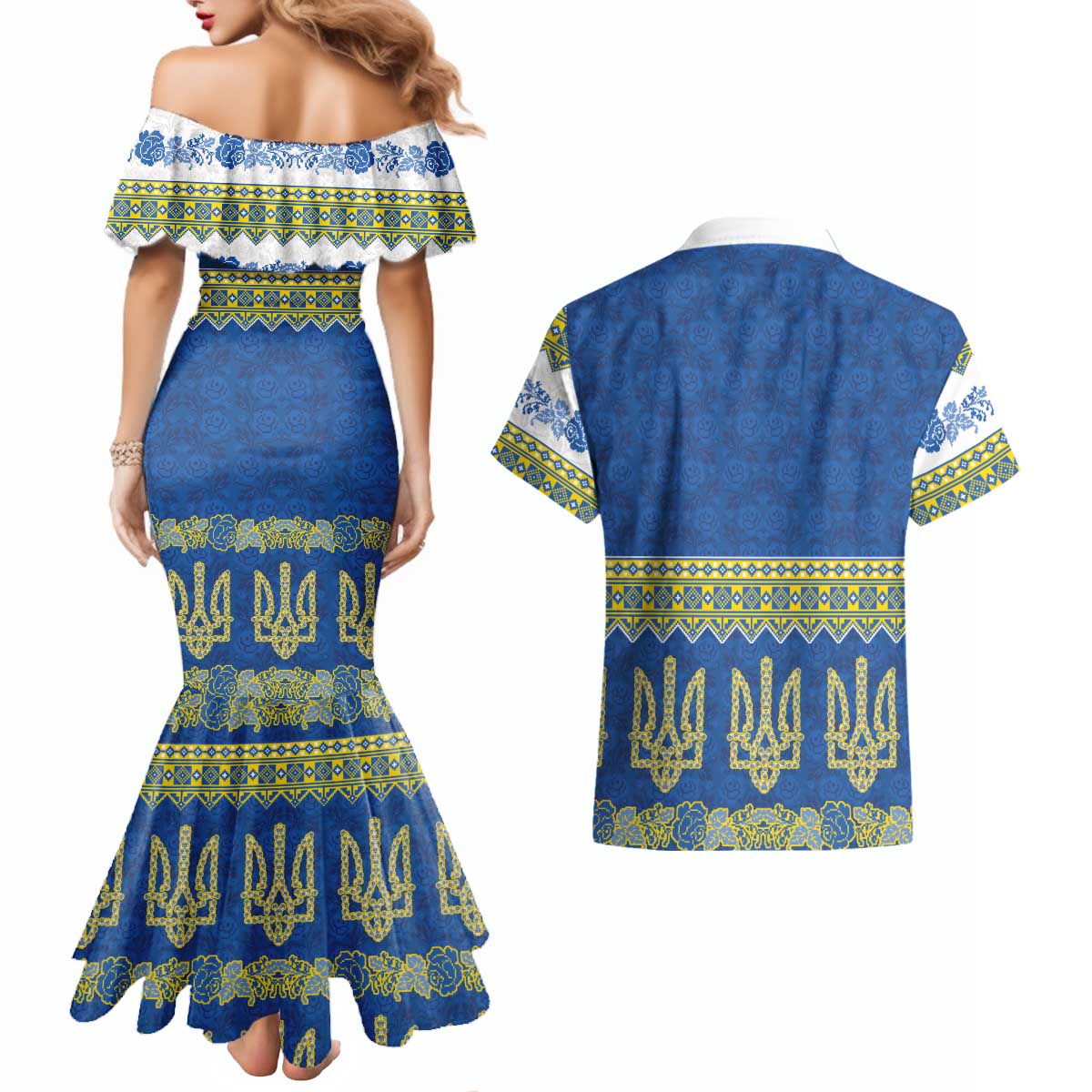 Ukraine Vyshyvanka Motif Couples Matching Mermaid Dress and Hawaiian Shirt Ukrainian Coat Of Arms Rose Patterns - Wonder Print Shop