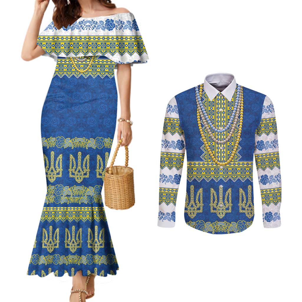 Ukraine Vyshyvanka Motif Couples Matching Mermaid Dress and Long Sleeve Button Shirt Ukrainian Coat Of Arms Rose Patterns - Wonder Print Shop