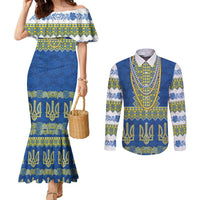 Ukraine Vyshyvanka Motif Couples Matching Mermaid Dress and Long Sleeve Button Shirt Ukrainian Coat Of Arms Rose Patterns - Wonder Print Shop