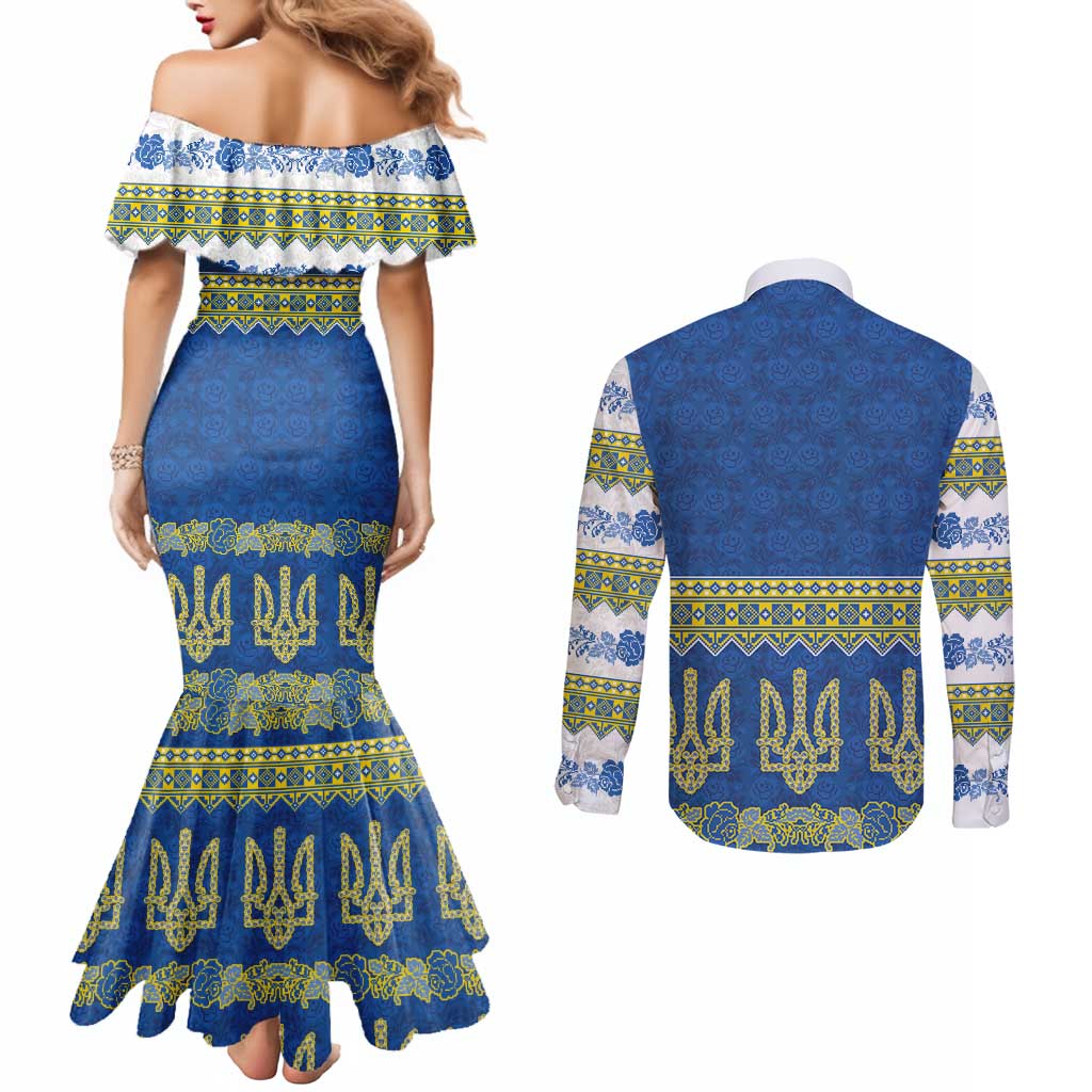 Ukraine Vyshyvanka Motif Couples Matching Mermaid Dress and Long Sleeve Button Shirt Ukrainian Coat Of Arms Rose Patterns - Wonder Print Shop