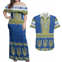 Ukraine Vyshyvanka Motif Couples Matching Off Shoulder Maxi Dress and Hawaiian Shirt Ukrainian Coat Of Arms Rose Patterns - Wonder Print Shop