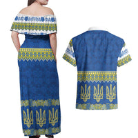 Ukraine Vyshyvanka Motif Couples Matching Off Shoulder Maxi Dress and Hawaiian Shirt Ukrainian Coat Of Arms Rose Patterns - Wonder Print Shop