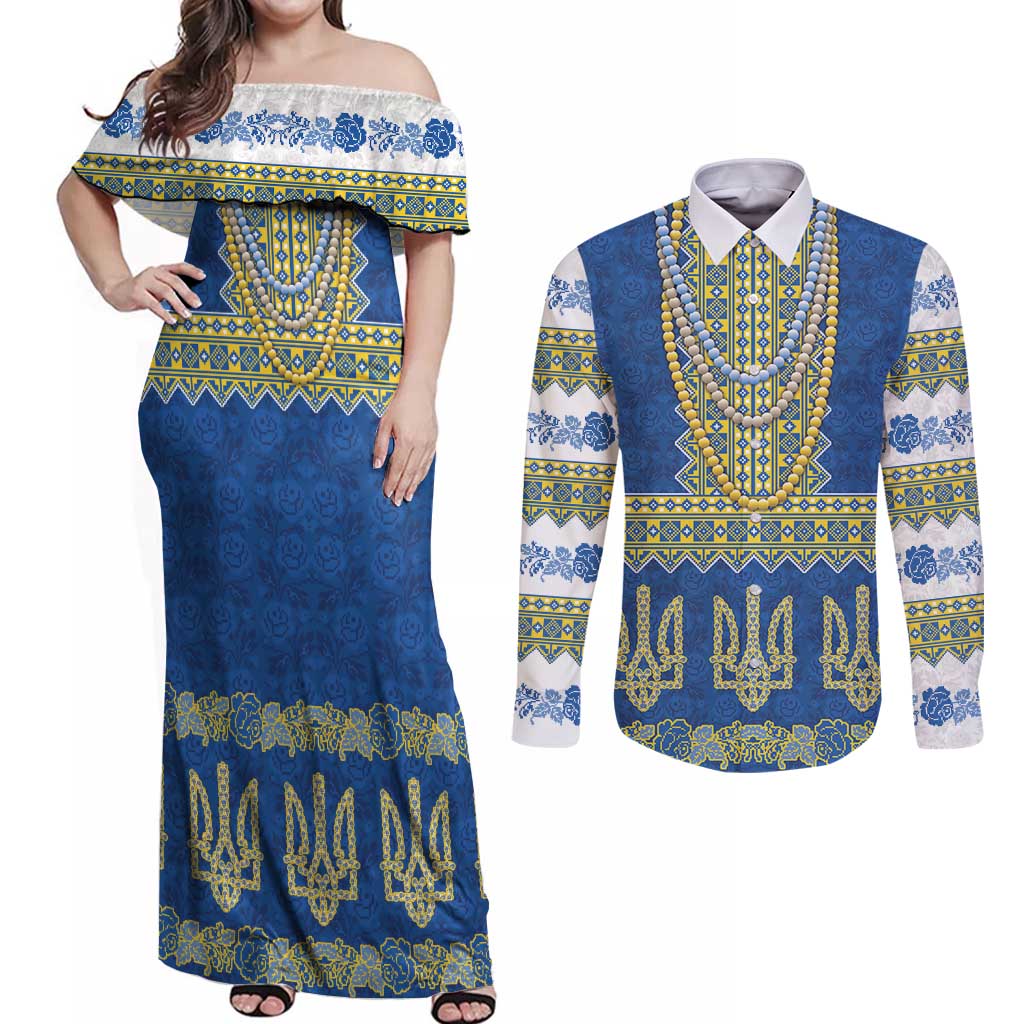 Ukraine Vyshyvanka Motif Couples Matching Off Shoulder Maxi Dress and Long Sleeve Button Shirt Ukrainian Coat Of Arms Rose Patterns - Wonder Print Shop