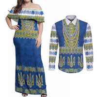Ukraine Vyshyvanka Motif Couples Matching Off Shoulder Maxi Dress and Long Sleeve Button Shirt Ukrainian Coat Of Arms Rose Patterns - Wonder Print Shop