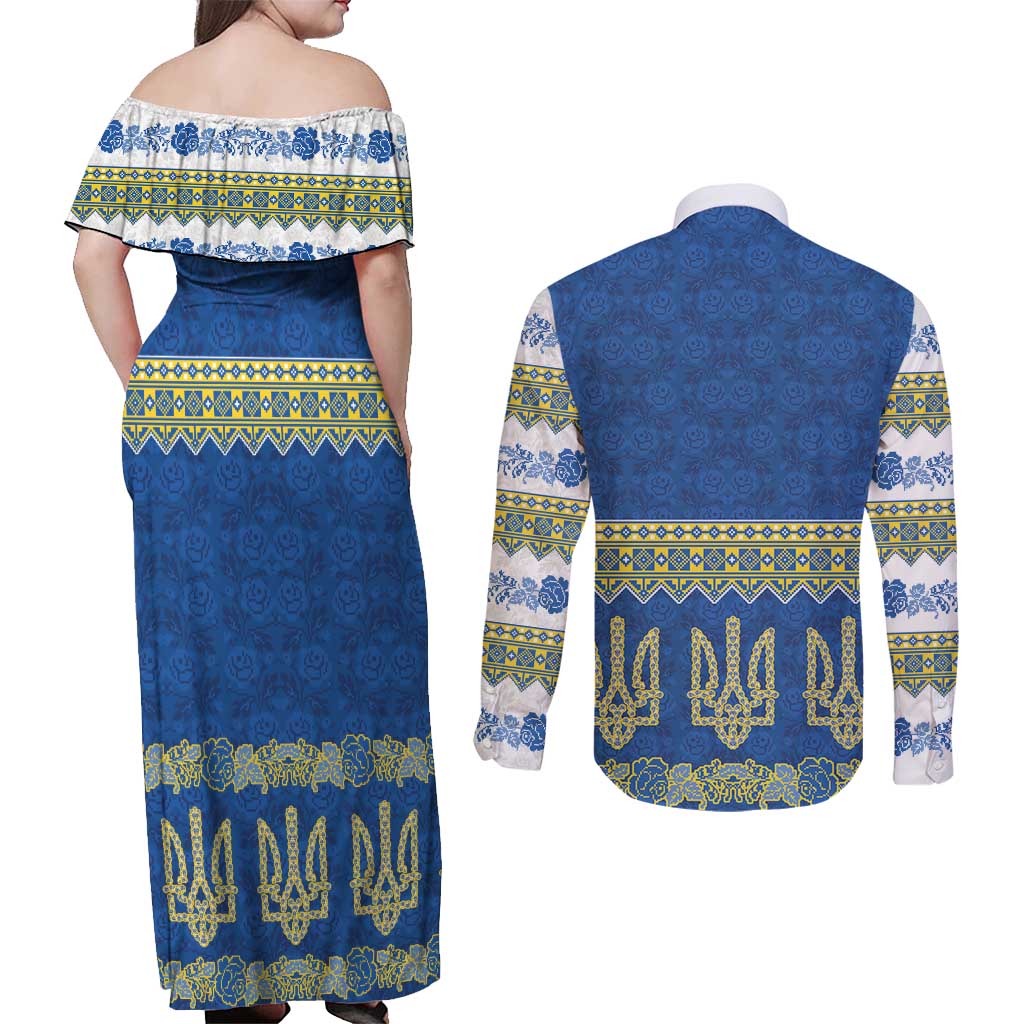 Ukraine Vyshyvanka Motif Couples Matching Off Shoulder Maxi Dress and Long Sleeve Button Shirt Ukrainian Coat Of Arms Rose Patterns - Wonder Print Shop