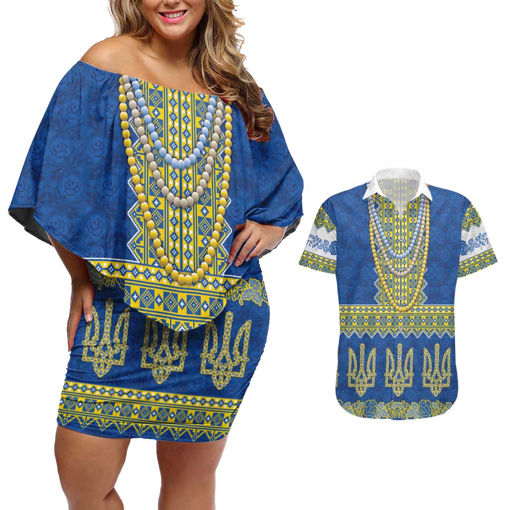 Ukraine Vyshyvanka Motif Couples Matching Off Shoulder Short Dress and Hawaiian Shirt Ukrainian Coat Of Arms Rose Patterns - Wonder Print Shop